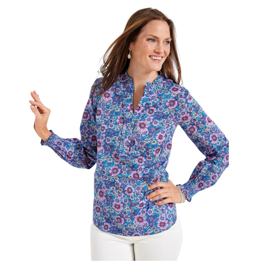Talbots‎ Smocked Cuff Ruffle Blouse Blooming Floral Women’s Large NWT